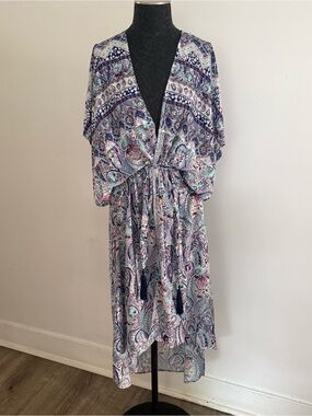 Victoria’s Secret Kimono ROBE Waterfall Hem Tassel Waist Tie Blue